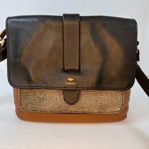 Women’s Fossil Kinley Crossbody Bag Pebbled Leather Black Brown Snake Accent‎